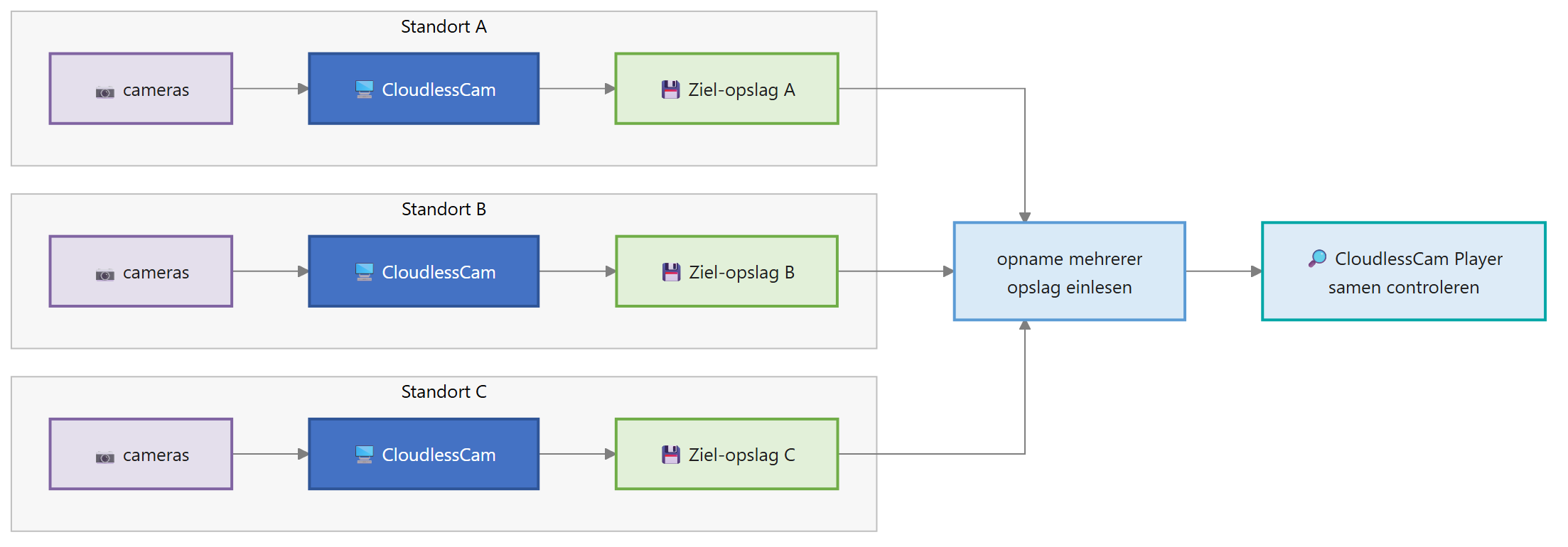 Diagram voor Videobewaking: meerdere locaties en lokaal