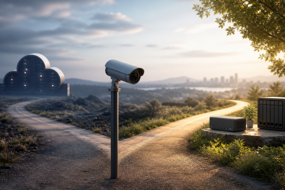 Eine generische IP-Kamera steht zwischen einem auslaufenden Cloud-Dienst und einem aktiven lokalen Aufnahmeweg