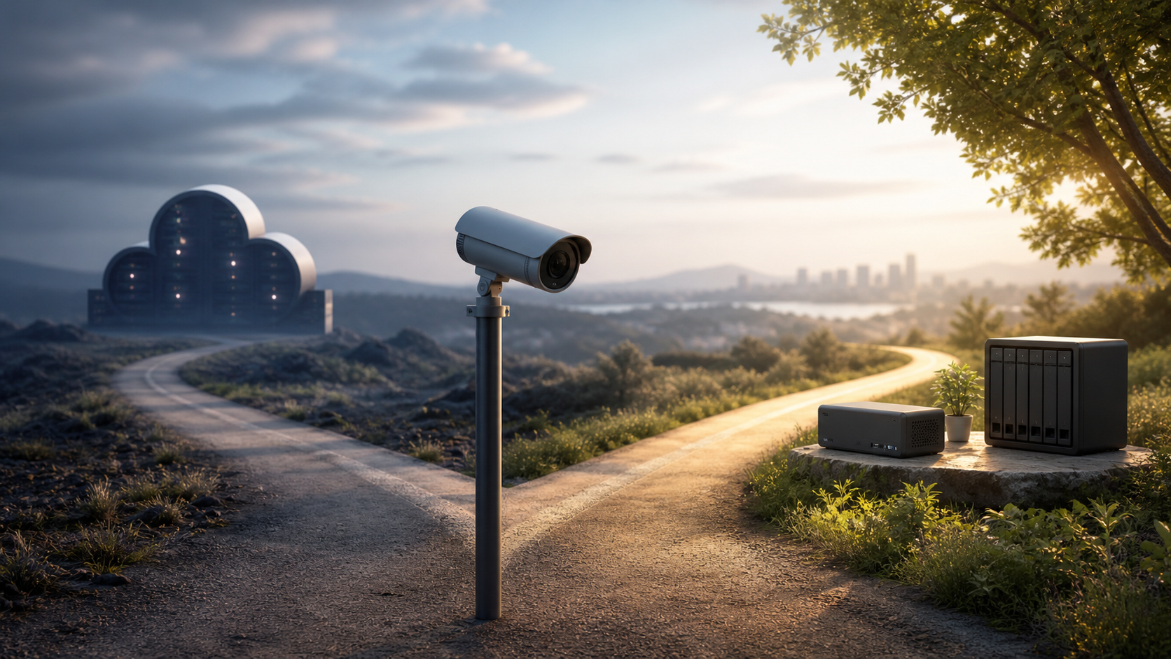 Eine generische IP-Kamera steht zwischen einem auslaufenden Cloud-Dienst und einem aktiven lokalen Aufnahmeweg