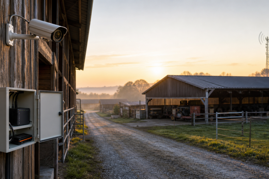 Generische IP-Kamera überwacht einen landwirtschaftlichen Hof mit CloudlessCam und schwacher Mobilfunkverbindung